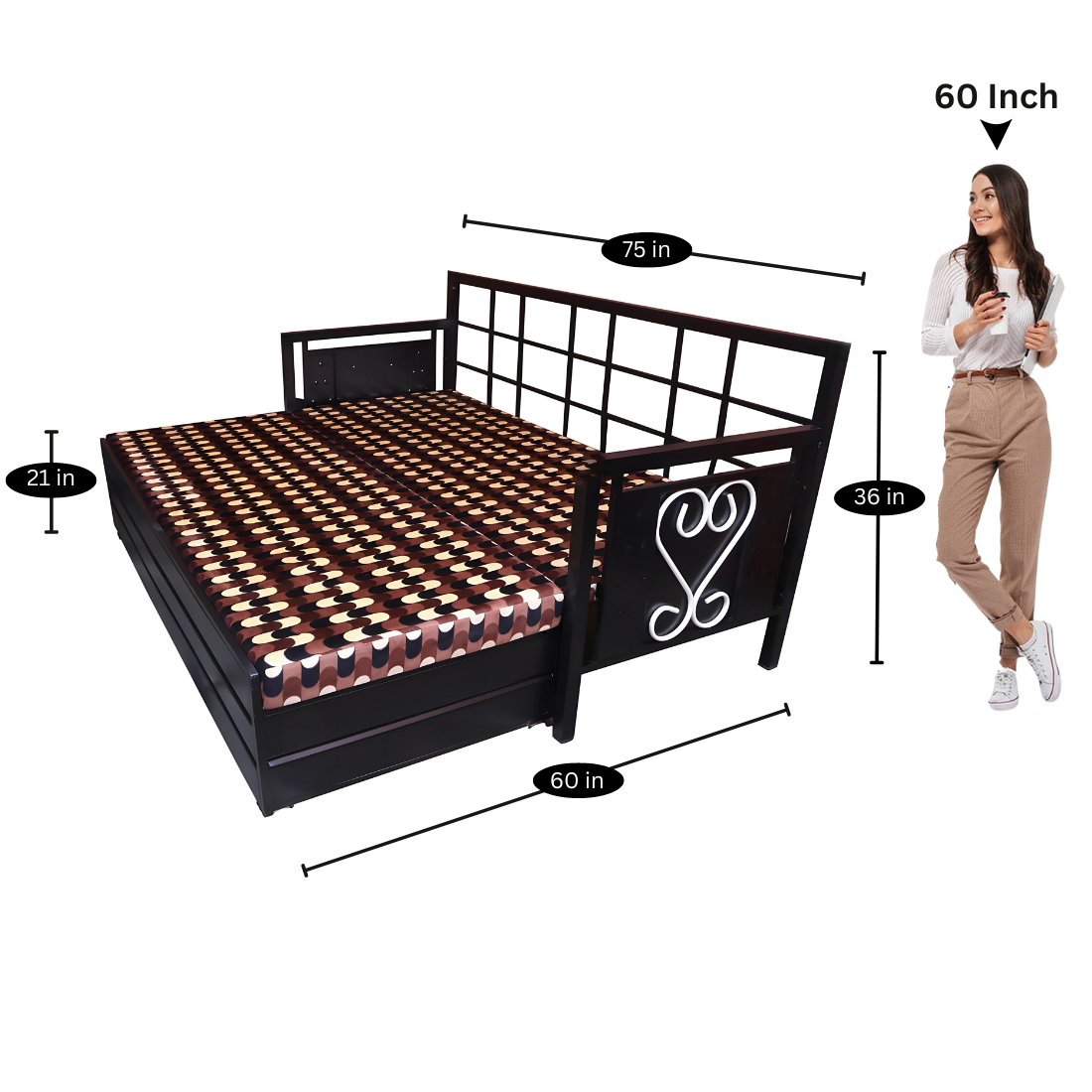 Black Maccow Hydraulic Storage Metal Sofa Bed with Mattress & Pillow (Color - Multi)