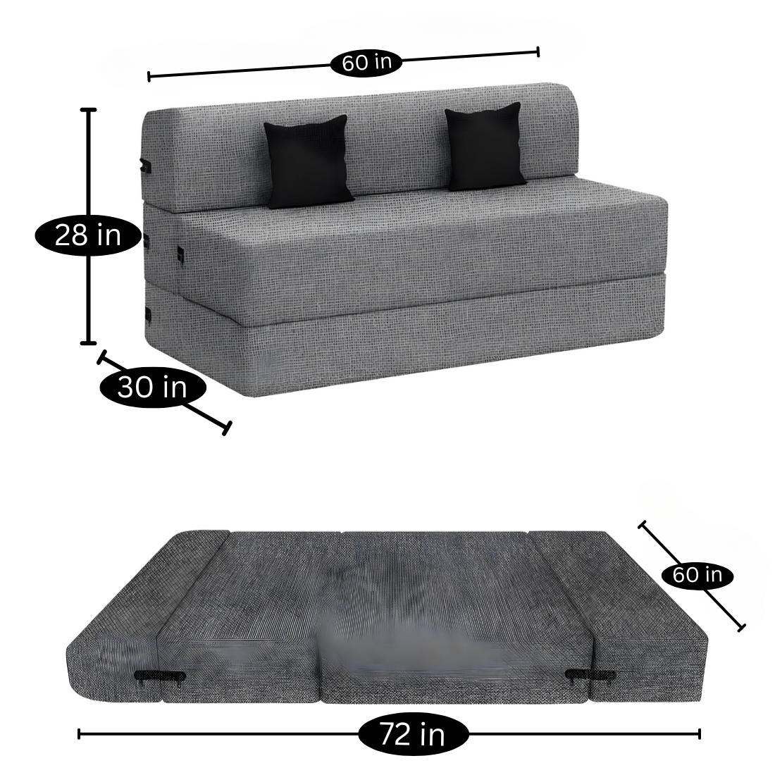 Lacy Grey Foldable Mattress Sofa Bed with Black Cushion