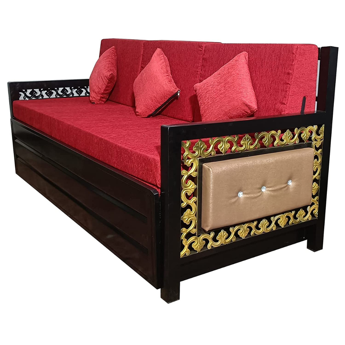 Black Simba Hydraulic Storage Metal Sofa Bed with Mattress & Pillow (Color - Red)