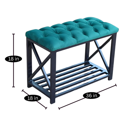 Zion Designer Black Ottoman Metal Bench with Blue Cushion