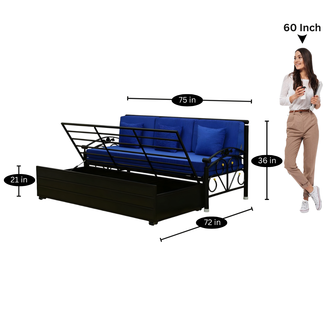 Black Sofia Hydraulic Storage Metal Sofa Bed with Mattress & Pillow (Color - Blue)