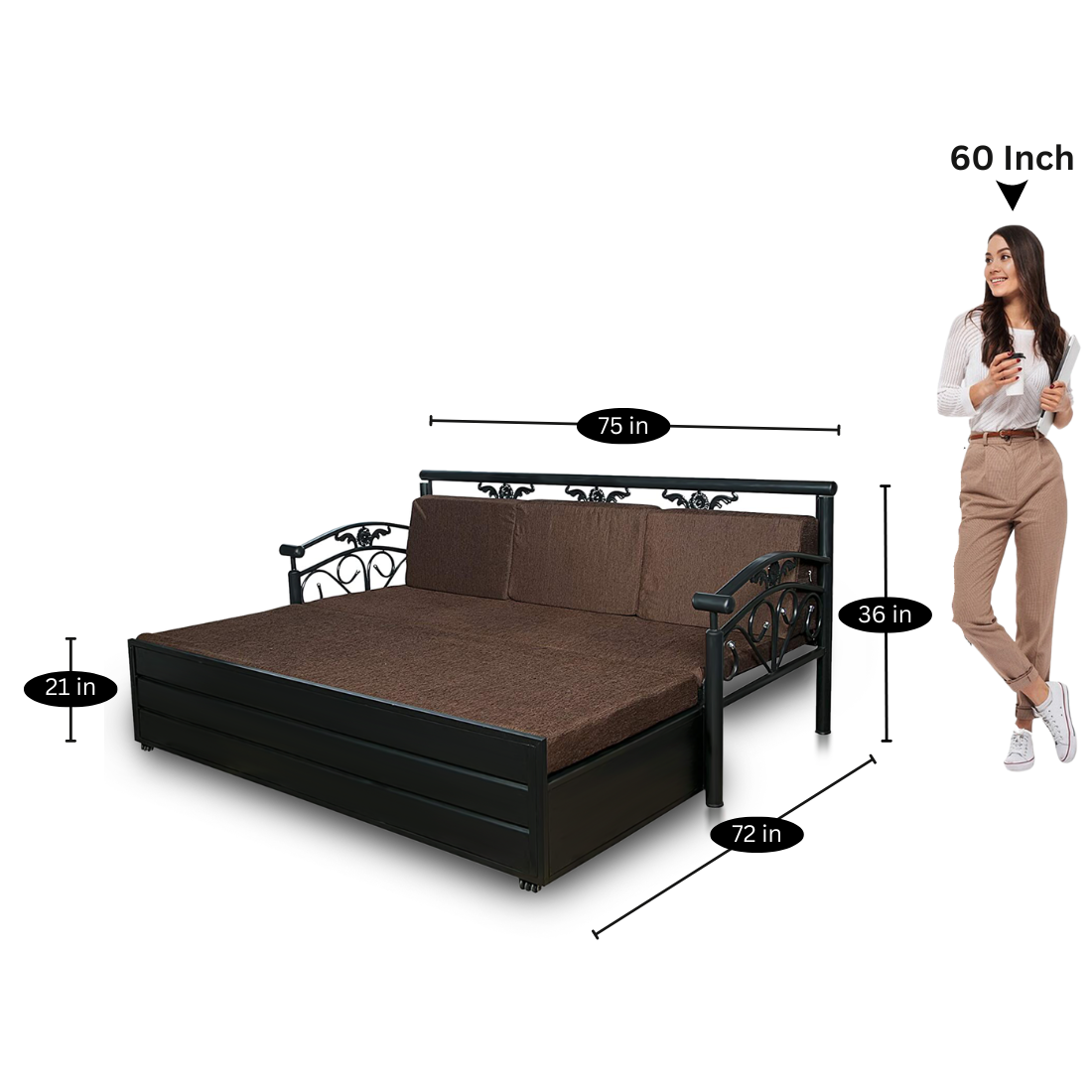 Black Sofia Hydraulic Storage Metal Sofa Cum Bed with Mattress & Pillow (Color - Brown)