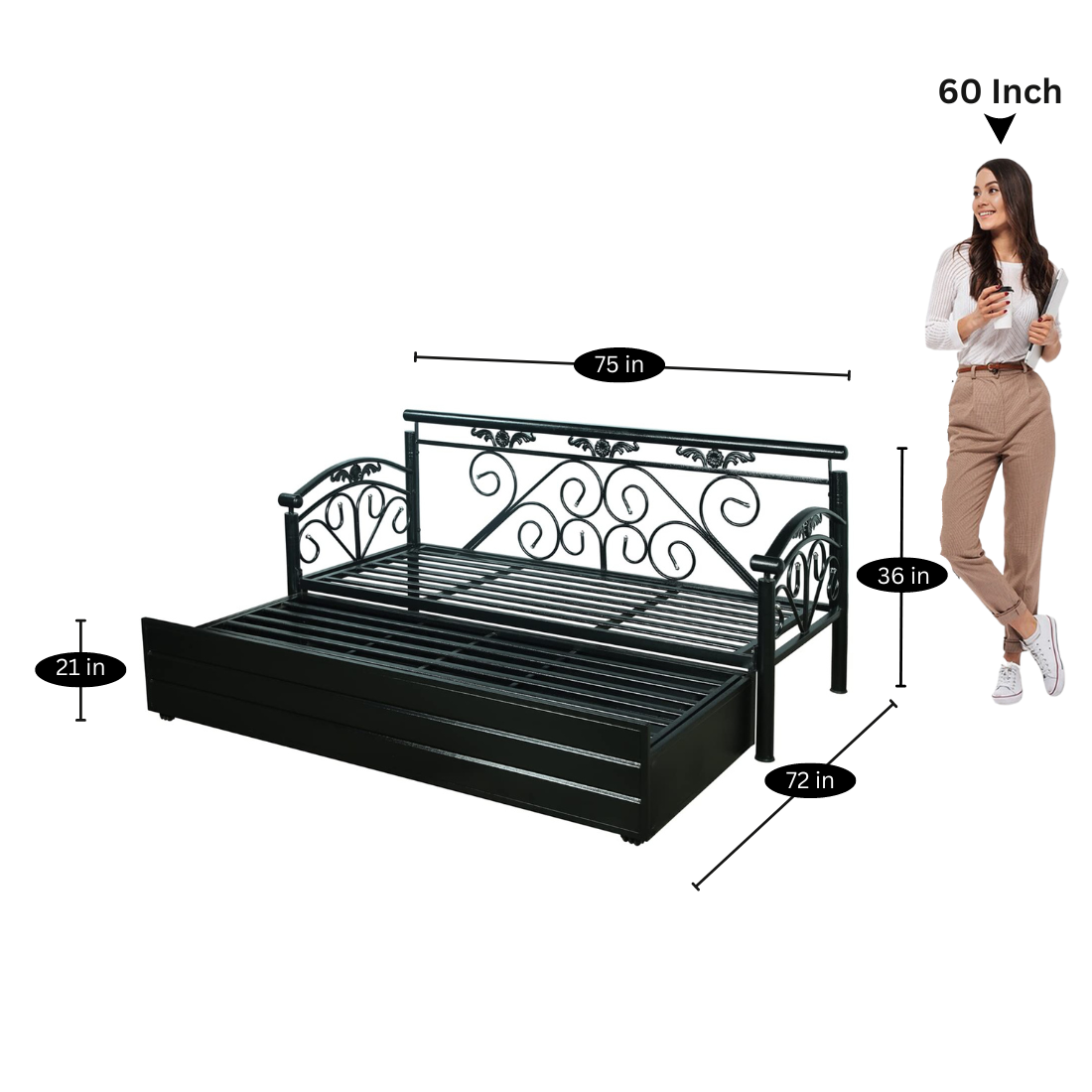 Black Sofia Hydraulic Storage Metal Sofa Cum Bed with Mattress & Pillow (Color - Camel)