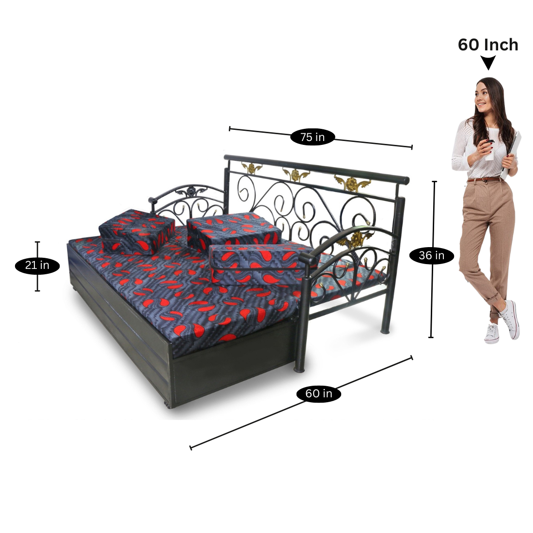 Black Sofia Hydraulic Storage Metal Sofa Bed with Mattress & Pillow (Color - Multi)